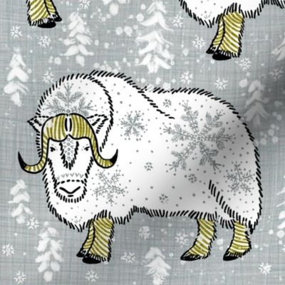 Wintery White Musk-Oxen on silver grey