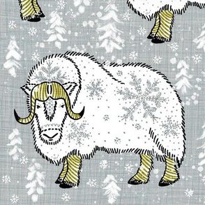 Wintery White Musk-Oxen on silver grey