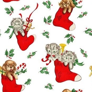 Vintage Christmas Kittens and Puppies in Christmas Stockings