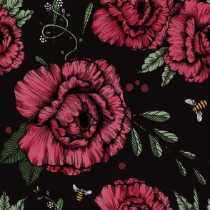 Peonies and Bees on black