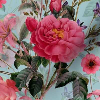 Nostalgic Pink Pierre-Joseph Redouté Springflowers Lavender And Roses, Antique Flowers Bouquets, vintage home decor,  English Roses Fabric dove blue