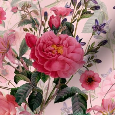 Nostalgic Enchanting Pink Pierre-Joseph Redouté Roses,Lavender, Antique Flowers Bouquets, vintage home decor,  English Roses Fabric  - pink