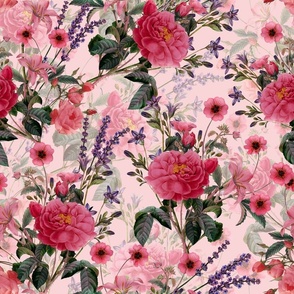 Nostalgic Enchanting Pink Pierre-Joseph Redouté Roses,Lavender, Antique Flowers Bouquets, vintage home decor,  English Roses Fabric  - pink
