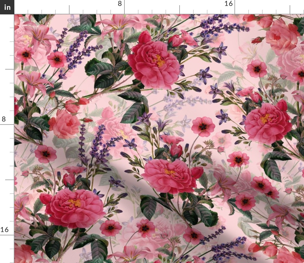 Nostalgic Enchanting Pink Pierre-Joseph Redouté Roses,Lavender, Antique Flowers Bouquets, vintage home decor,  English Roses Fabric  - pink