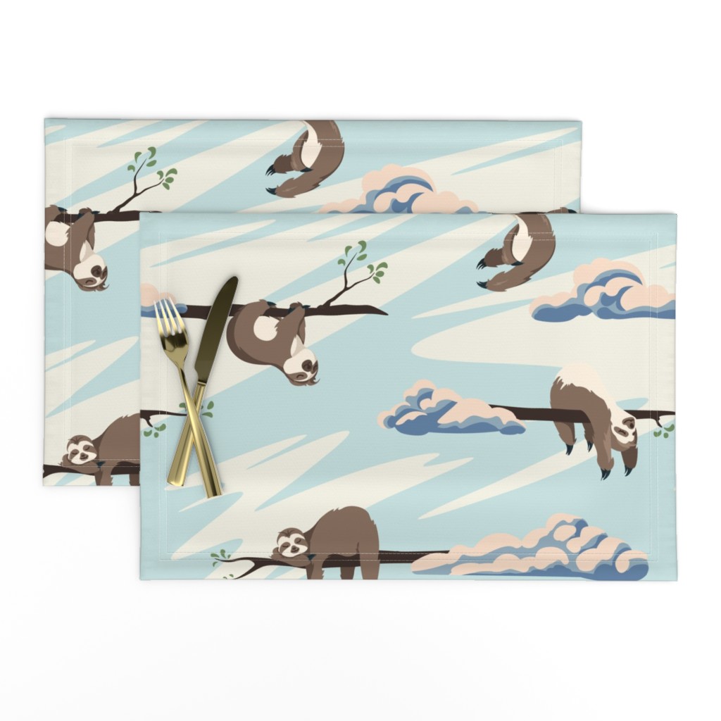 Cute sloths seamless pattern . Texture with cartoon animals and clouds on a blue sky background