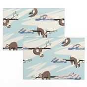 Cute sloths seamless pattern . Texture with cartoon animals and clouds on a blue sky background