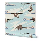 Cute sloths seamless pattern . Texture with cartoon animals and clouds on a blue sky background