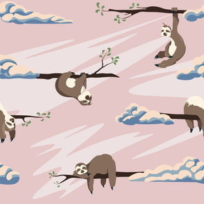 Cute sloths seamless pattern . Texture with cartoon animals and clouds on a blue sky background