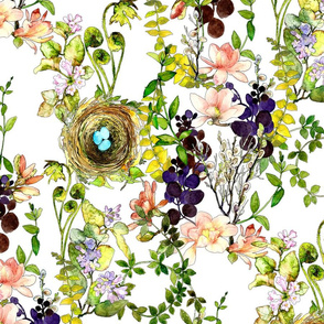 Watercolor of meadow wildflowers and a bird nest