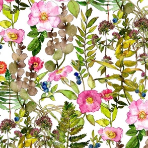 Watercolor meadow and woodland wildflowers and roses