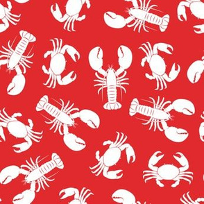 lobsters and crabs on red
