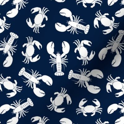 lobsters and crabs on navy
