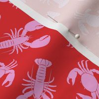 lobsters and crabs in pink on red
