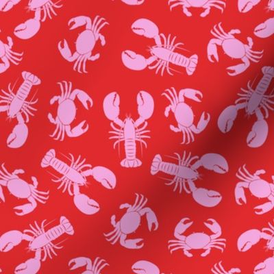 lobsters and crabs in pink on red