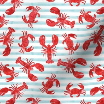 lobsters and crabs on blue stripes