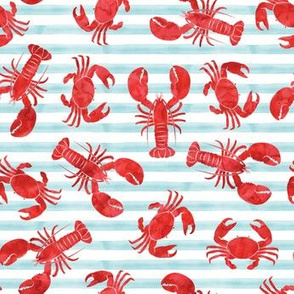 lobsters and crabs on blue stripes