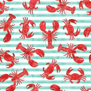 lobsters and crabs on aqua stripes