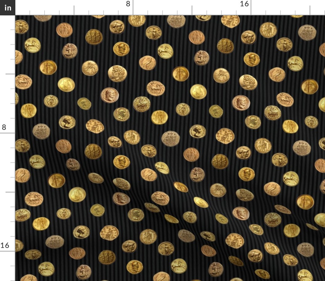 Anchient Gold Coins on Black Pinstripes