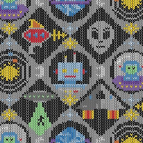 Space Alien Fair Isle Ugly Sweater ~ Grey