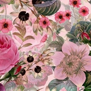 Nostalgic Pink Pierre-Joseph Redouté Springflowers Anemone And Roses, Antique Flowers Bouquets, vintage home decor,  English Roses Fabric,Pink