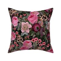 Nostalgic Pink Pierre-Joseph Redouté Springflowers Anemone And Roses, Antique Flowers Bouquets, vintage home decor,  English Roses Fabric,black 