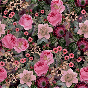Nostalgic Pink Pierre-Joseph Redouté Springflowers Anemone And Roses, Antique Flowers Bouquets, vintage home decor,  English Roses Fabric,black 
