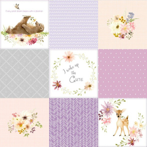Forest Friends Quilt Panel - Bear Fox Deer Flowers, Purple Lavender Lilac + Gray - LULA Pattern B