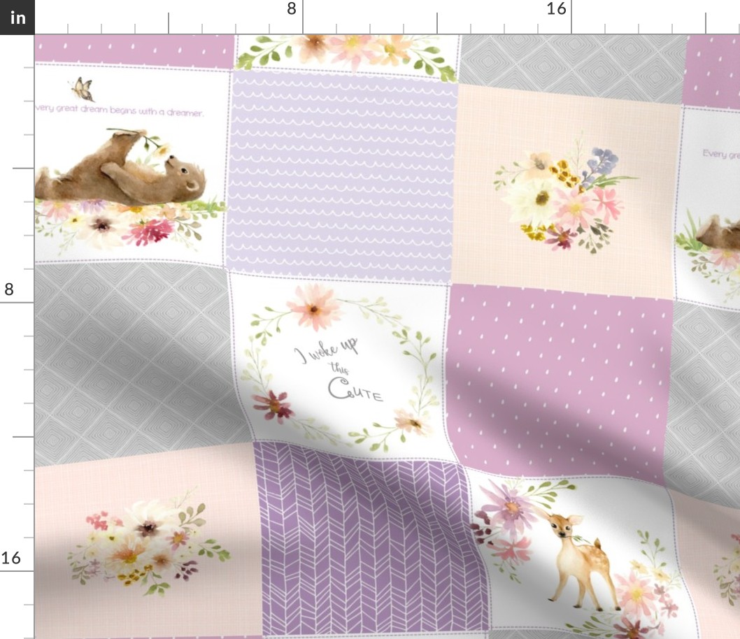Forest Friends Quilt Panel - Bear Fox Deer Flowers, Purple Lavender Lilac + Gray - LULA Pattern B