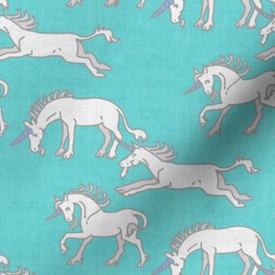 Unicorns on Turquoise Linen Texture