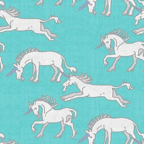 Unicorns on Turquoise Linen Texture