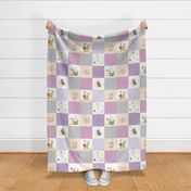 Cute Forest Patchwork Cheater Quilt - Fox Owl Squirrel Flowers, Purple Lavender Lilac + Gray - LULA Pattern  C