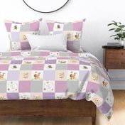 Cute Forest Patchwork Cheater Quilt - Fox Owl Squirrel Flowers, Purple Lavender Lilac + Gray - LULA Pattern  C