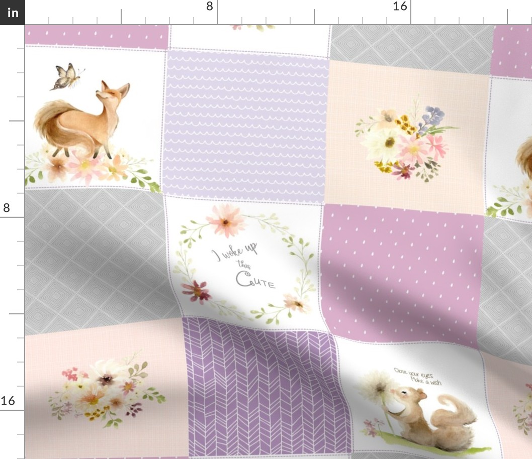 Cute Forest Patchwork Cheater Quilt - Fox Owl Squirrel Flowers, Purple Lavender Lilac + Gray - LULA Pattern  C