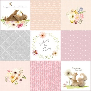 Cute Quilt Panel - Woodland Animals Baby Girl Blanket, Bear Fox Squirrel - Pastel Pink Blush + Gray - MIA Pattern D1