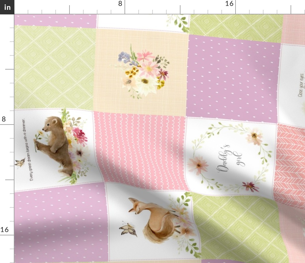 Daddy's Girl Quilt Blanket Panel ROTATED - Cheater Quilt - Bear Squirrel Fox Flowers - Pink Lilac Lime Blush, AVA Pattern E1