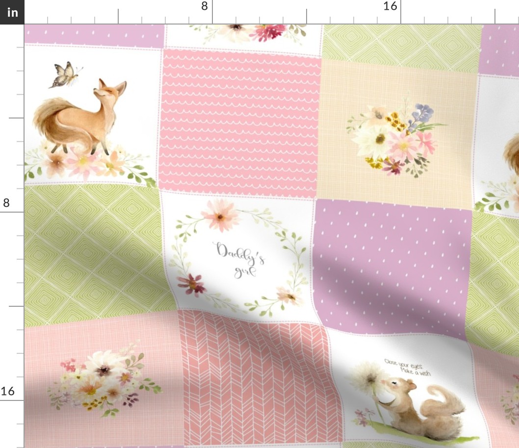 Daddy's Girl Quilt Blanket Panel - Cheater Quilt - Bear Squirrel Fox Flowers - Pink Lilac Lime Blush, AVA Pattern E1