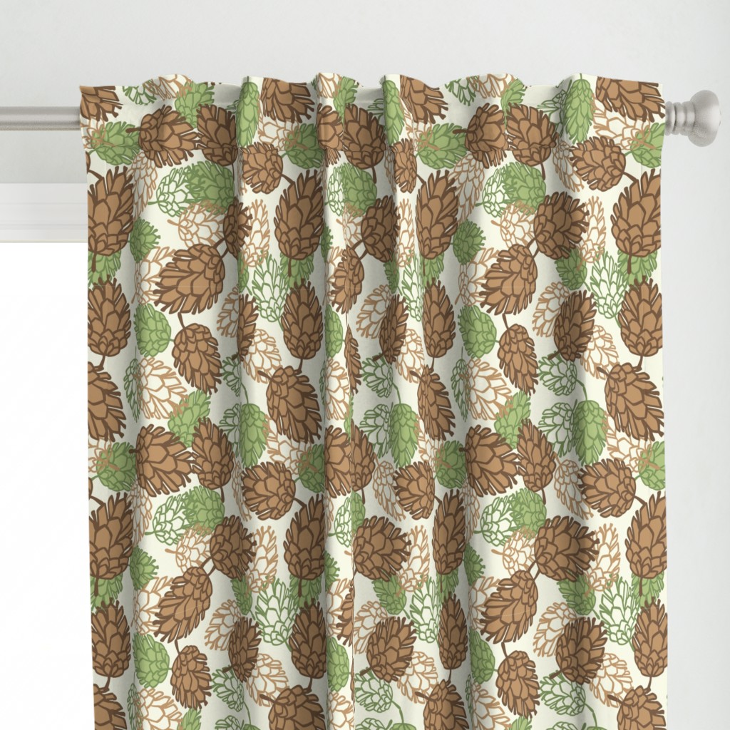 Pine Cones Brown Green on White