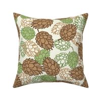 Pine Cones Brown Green on White