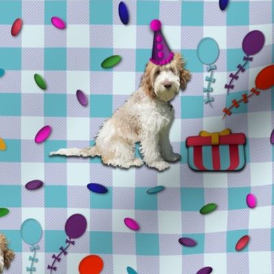 Dog Birthday Party Gingham Check, Pet Puppy Picnic Party Fabric with Colorful Kids Balloons, Confetti and Flowers