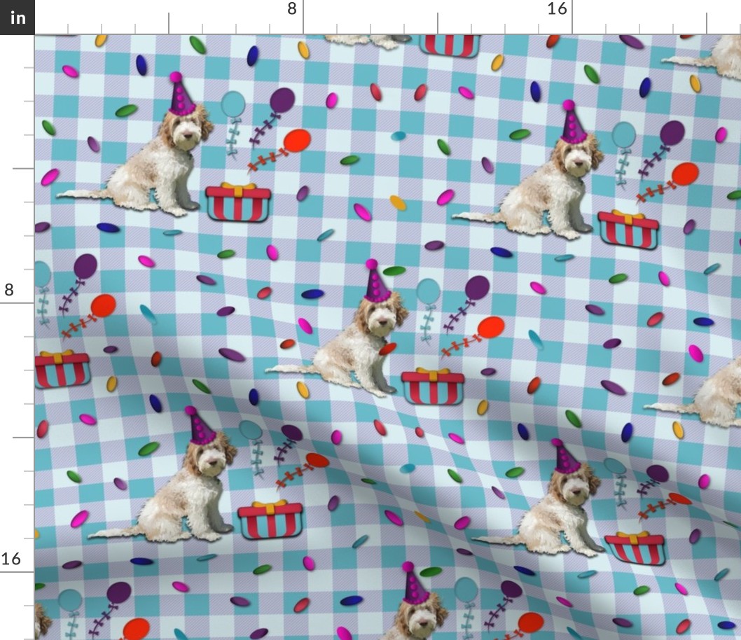 Dog Birthday Party Gingham Check, Pet Puppy Picnic Party Fabric with Colorful Kids Balloons, Confetti and Flowers