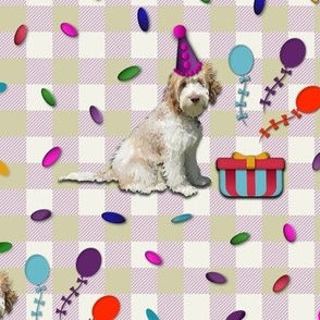 Cute Dog Birthday Party Gingham Check Picnic Party Fabric with Colorful Kids Balloons, Confetti and Flowers