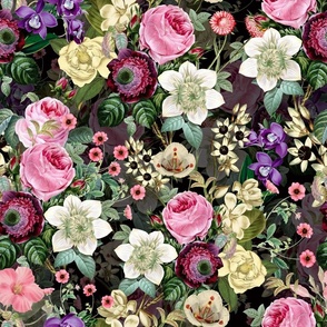 Nostalgic Pink And  White Roses And Springflowers,Antique Flowers Bouquets,vintage home decor,  English Roses Fabric on black