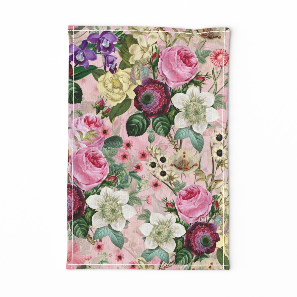 Nostalgic Pink Pierre-Joseph Redouté Springflowers Anemone Orchid And Roses, Antique Flowers Bouquets, vintage home decor,  English Roses Fabric