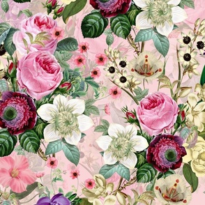 Nostalgic Pink Pierre-Joseph Redouté Springflowers Anemone Orchid And Roses, Antique Flowers Bouquets, vintage home decor,  English Roses Fabric