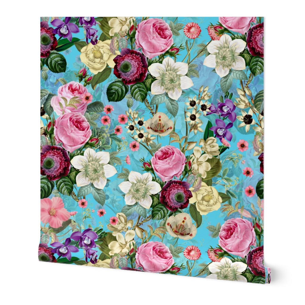 Nostalgic Enchanting Pink Pierre-Joseph Redouté Roses,Anemone, Antique Flowers Bouquets, vintage home decor,  English Roses Fabric on turquoise