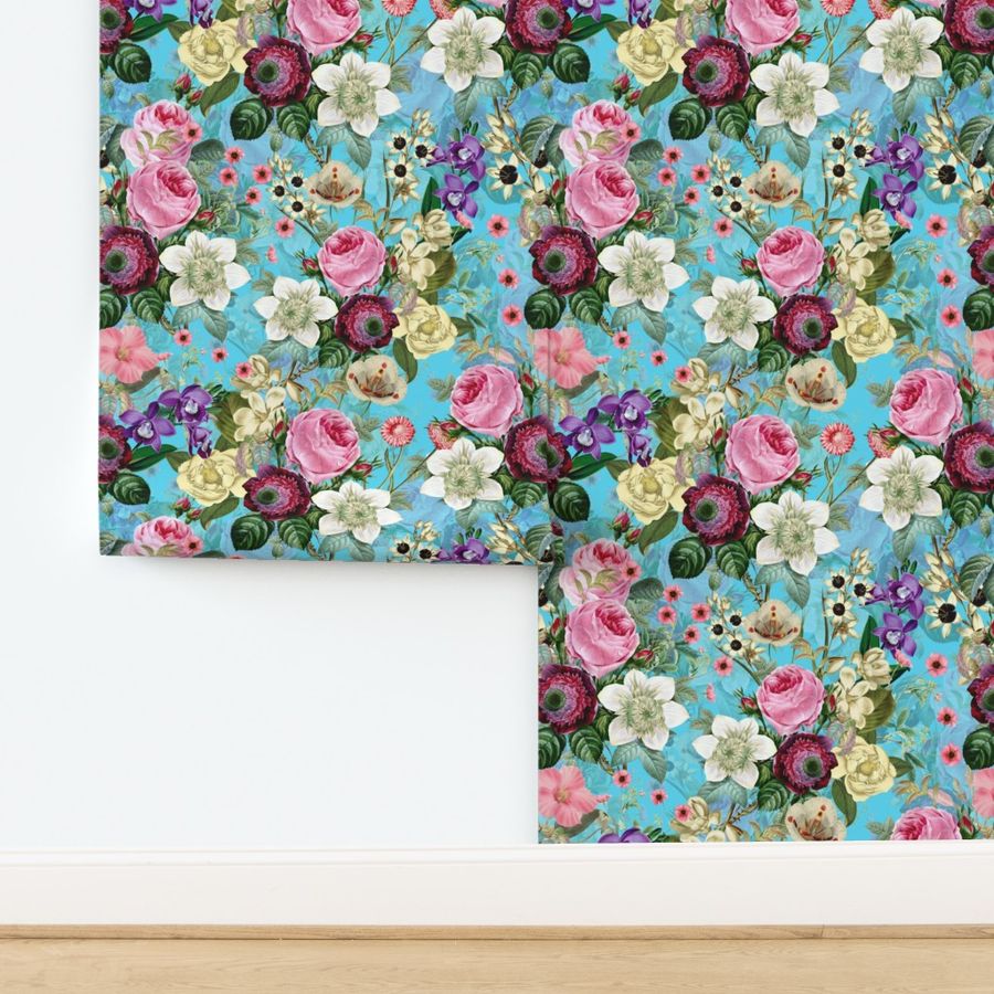 Nostalgic Enchanting Pink Pierre-Joseph Redouté Roses,Anemone, Antique Flowers Bouquets, vintage home decor,  English Roses Fabric on turquoise