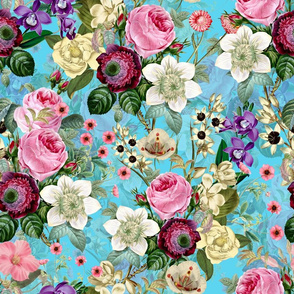 Nostalgic Enchanting Pink Pierre-Joseph Redouté Roses,Anemone, Antique Flowers Bouquets, vintage home decor,  English Roses Fabric on turquoise
