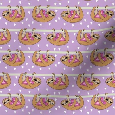 Sweet Valentines Sloth and Hearts Pattern Fabric - sloth fabric, valentines fabric, cute pink fabric, pink fabric, sweet valentines - purple