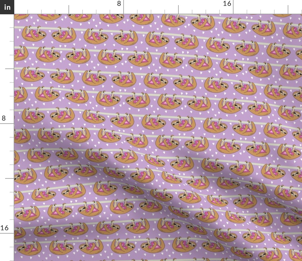 Sweet Valentines Sloth and Hearts Pattern Fabric - sloth fabric, valentines fabric, cute pink fabric, pink fabric, sweet valentines - purple