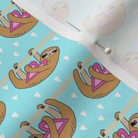 Sweet Valentines Sloth and Hearts Pattern Fabric - sloth fabric, valentines fabric, cute pink fabric, pink fabric, sweet valentines - aqua